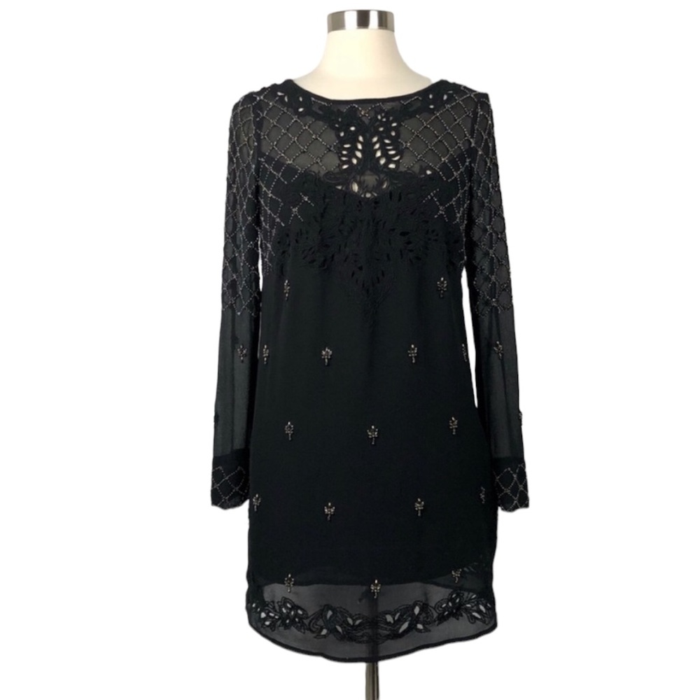 Free People Beaded Black Embroidered Dress